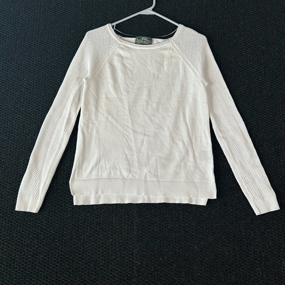 Lauren Ralph Lauren Active Womens XS White Mesh Raglan Sleeve Cotton Sweater M84